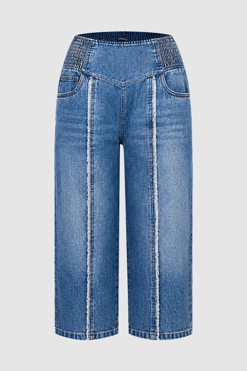 Raw Hem Elastic Mid Waist Straight Leg Capri Jeans