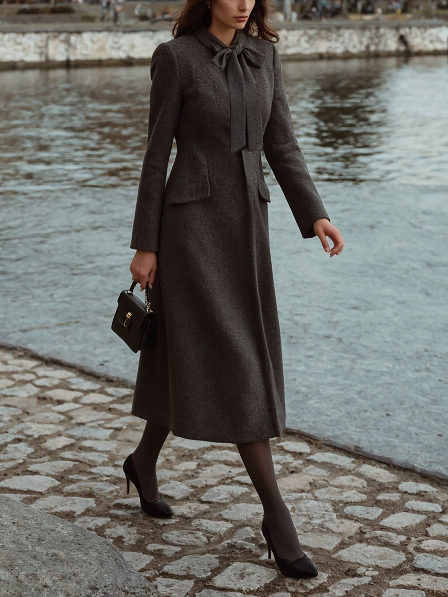 Manteau trench en laine, manches longues, uni, poches, vintage, gris foncé