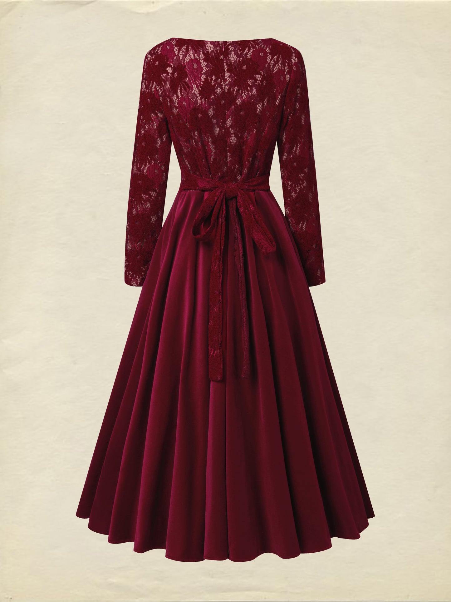 Robe midi en coton, manches longues, col rond, fleurie, dentelle, vintage, rouge