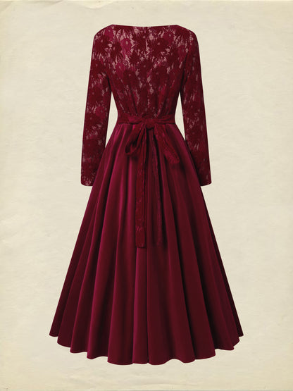 Robe midi en coton, manches longues, col rond, fleurie, dentelle, vintage, rouge