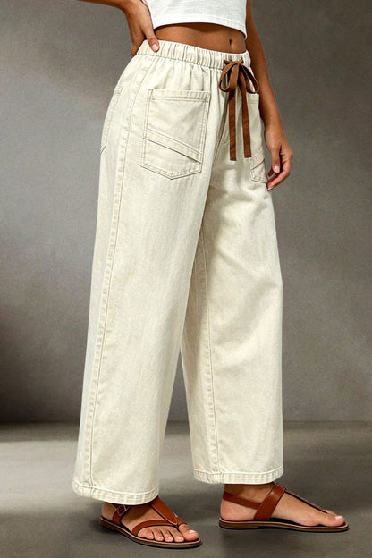 Solid Patch Pocket Drawstring Elastic Mid Waist Wide Leg Cropped Pants