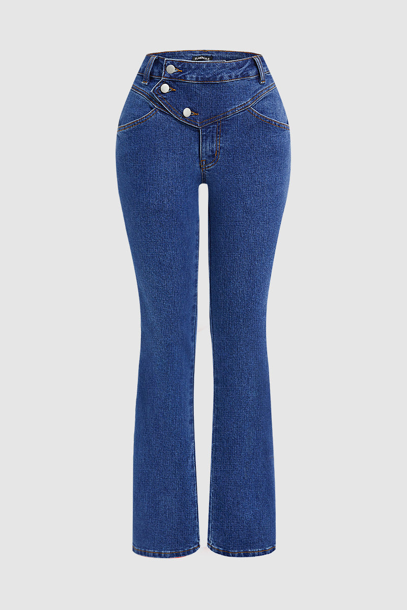 Wash Stitch Detail Button Up High Rise Bootcut Jeans