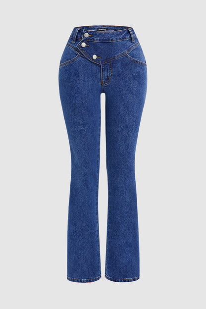Wash Stitch Detail Button Up High Rise Bootcut Jeans
