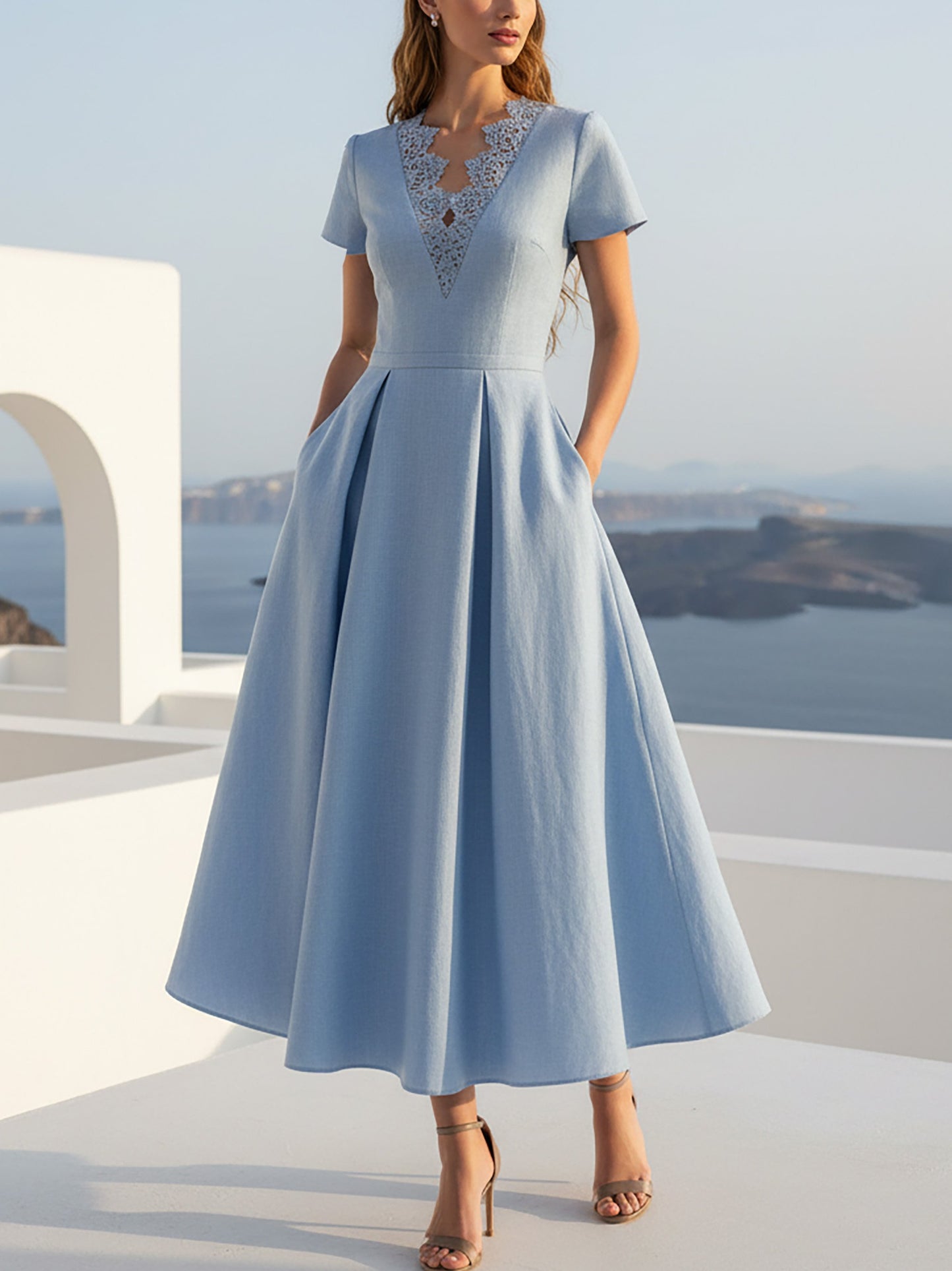 Robe longue en lin, manches courtes, col en V, unie, dentelle, vintage, bleue