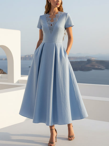 Robe longue en lin, manches courtes, col en V, unie, dentelle, vintage, bleue