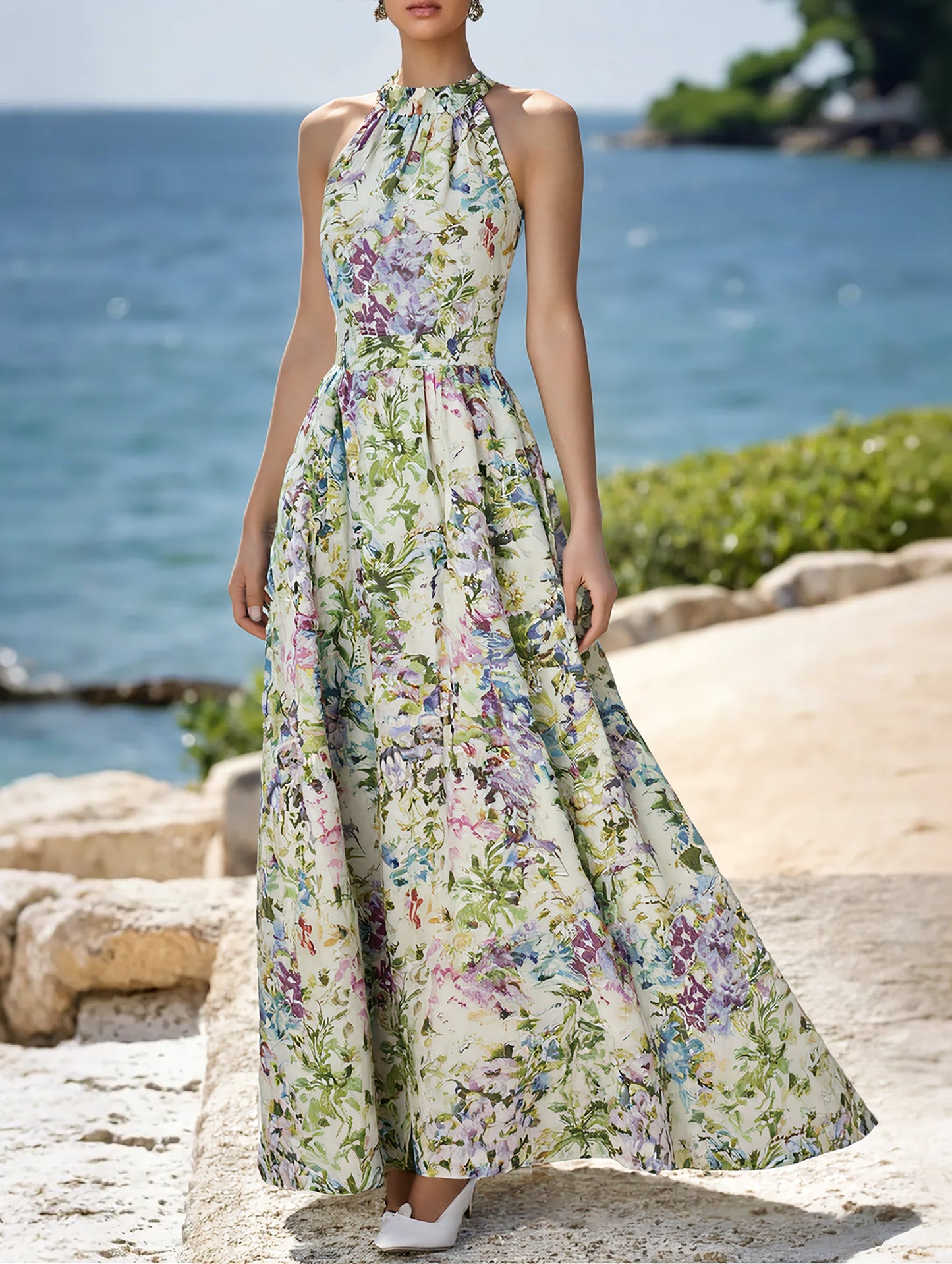 Robe longue en coton, sans manches, dos nu, motif floral, vacances, vintage, blanc