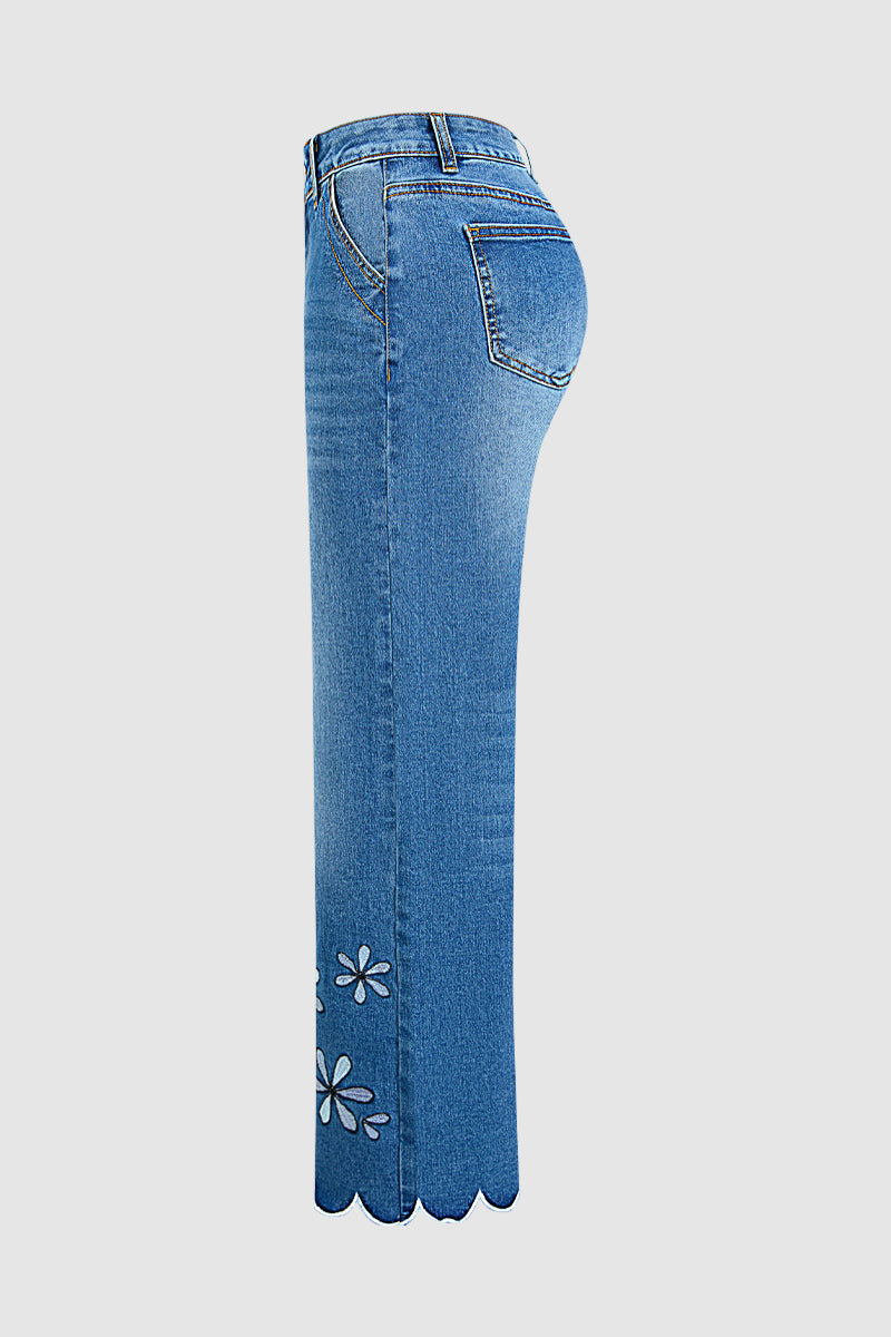 Wash Floral Embroidery Scallop Trim Mid Waist Wide Leg Jeans Without Belt