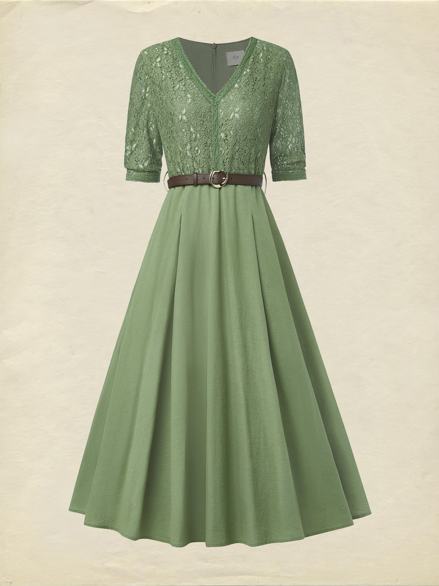 Robe Midi en Lin, Manches Courtes, Col V, Unie, Dentelle, Vintage, Vert Militaire