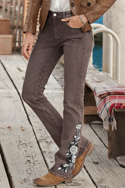 Washed Floral Embroidery Stretchy Mid Waist Bootcut Jeans