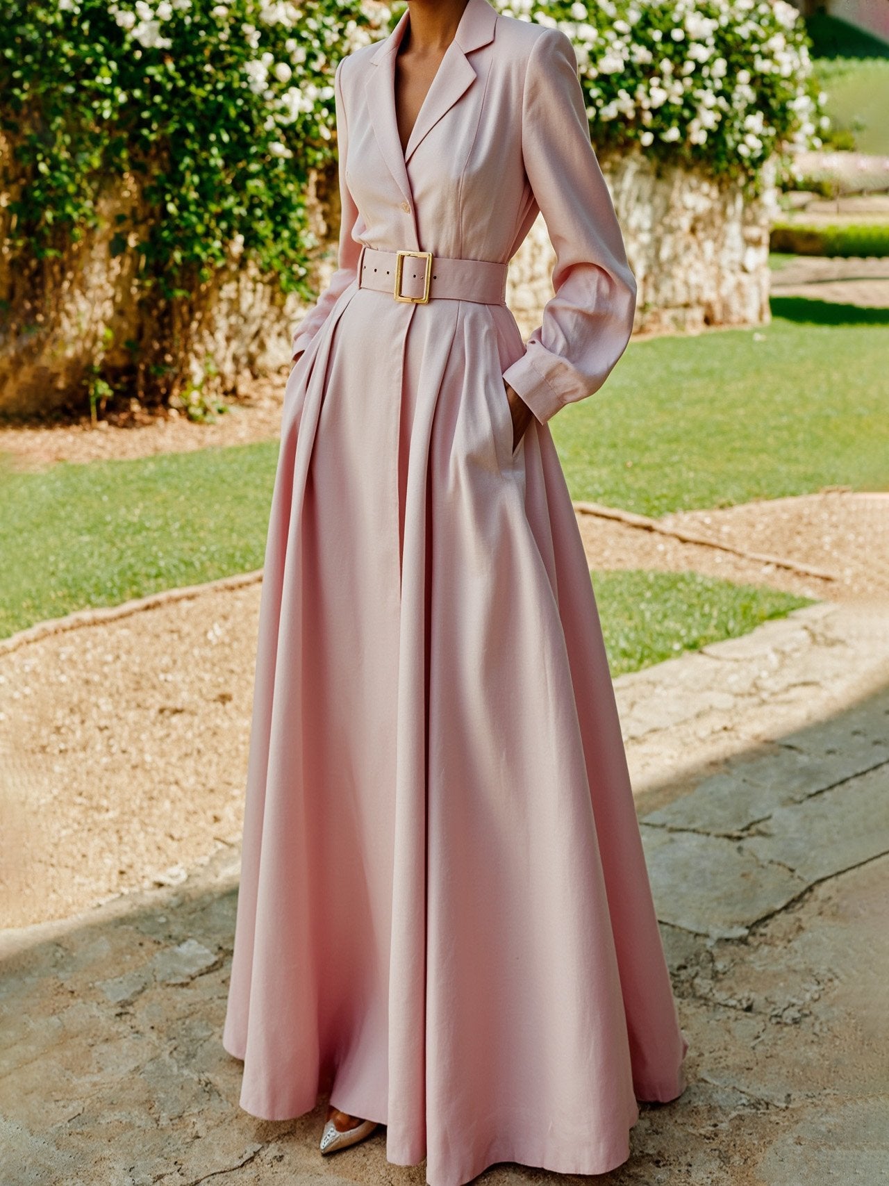 Robe longue en coton, Manches longues, Col à revers, Unie, Ceinturée, Vintage, Rose clair