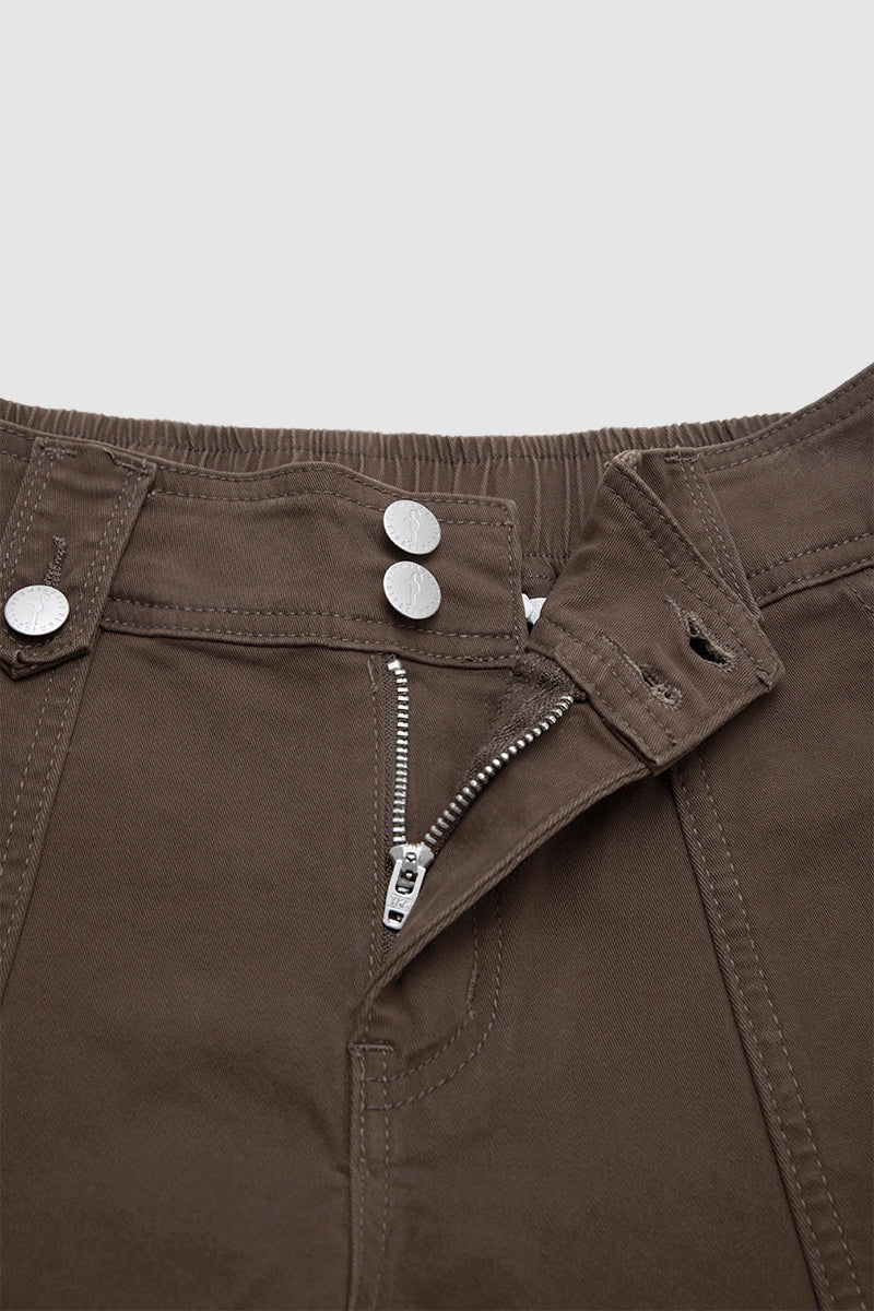 Solid Seam Front Pleated Elastic Back Mid Waist Wide Leg Pants