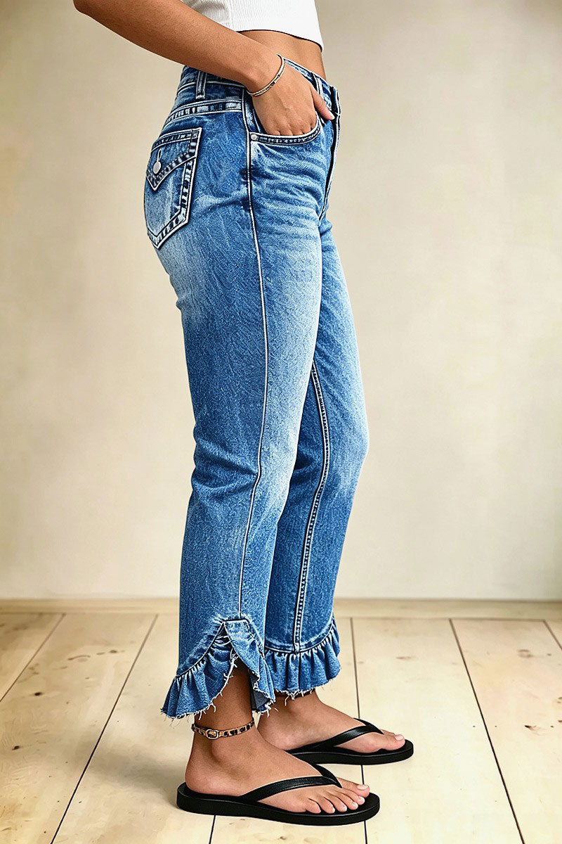 Split Ruffle Hem Flap Pocket Mid Waist Straight Leg Cropped Jeans