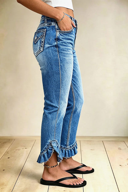 Split Ruffle Hem Flap Pocket Mid Waist Straight Leg Cropped Jeans