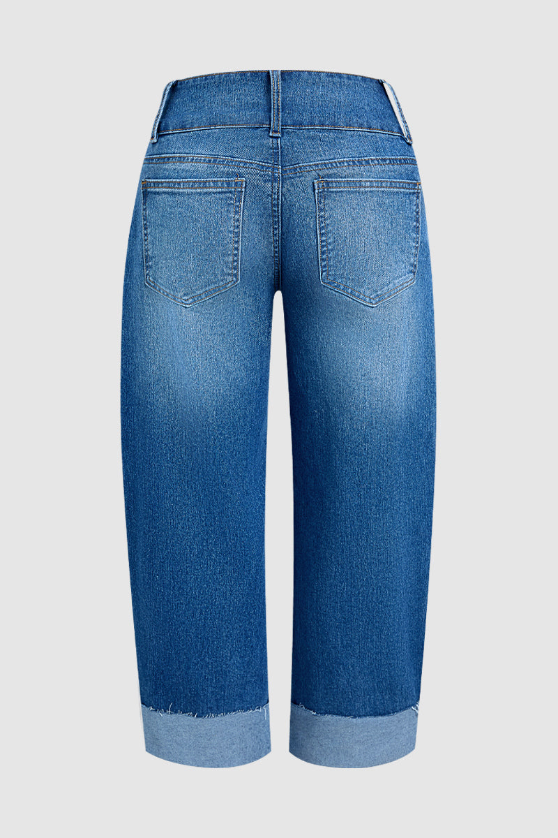 Wash Roll Hem Button Up Mid Rise Barrel Leg Crop Jeans