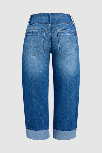 Wash Roll Hem Button Up Mid Rise Barrel Leg Crop Jeans