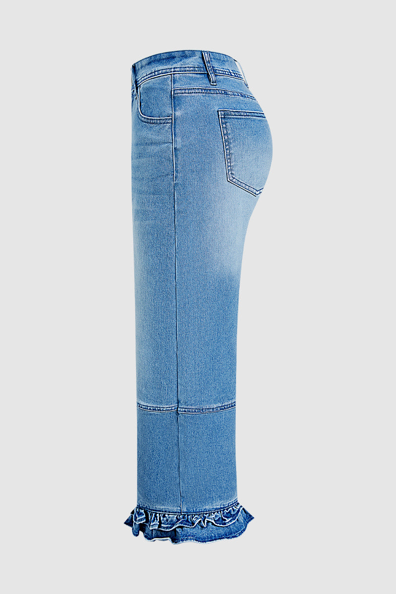 Wash Stitch Detail Ruffle Hem Mid Rise Wide Leg Crop Jeans