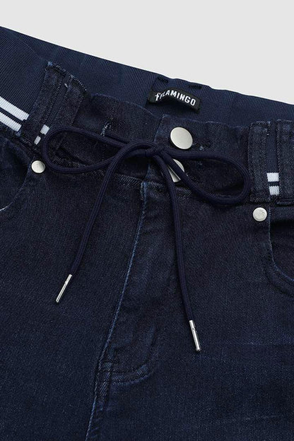 Wash Contrast Binding Double Button Drawstring Mid Waist Capri Jeans