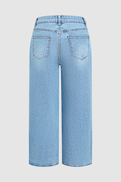 Wash Split Hem Mid Rise Wide Leg Crop Jeans