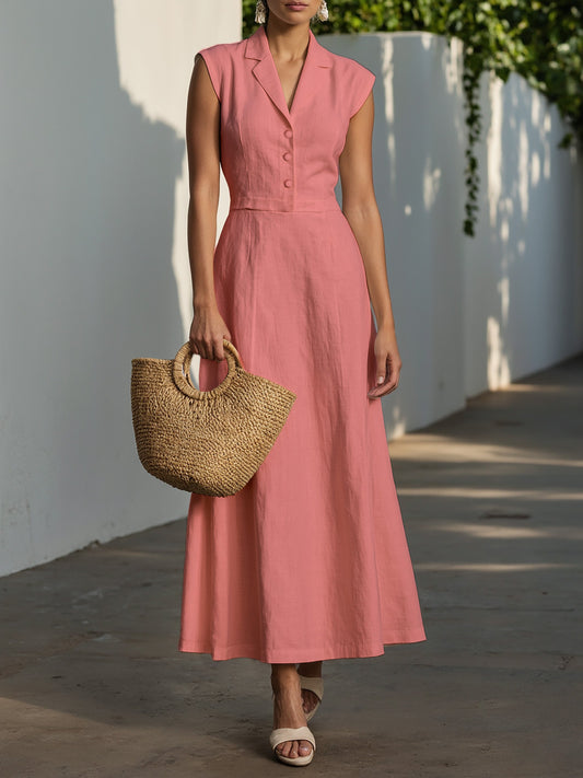 Robe longue en mélange lin-coton, manches courtes, col châle, unie, boutonnée, vintage, rose