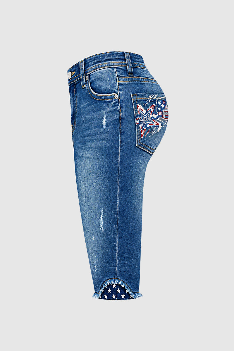 Wash Star Embroidery Raw Hem Mid Waist Denim Bermuda Shorts