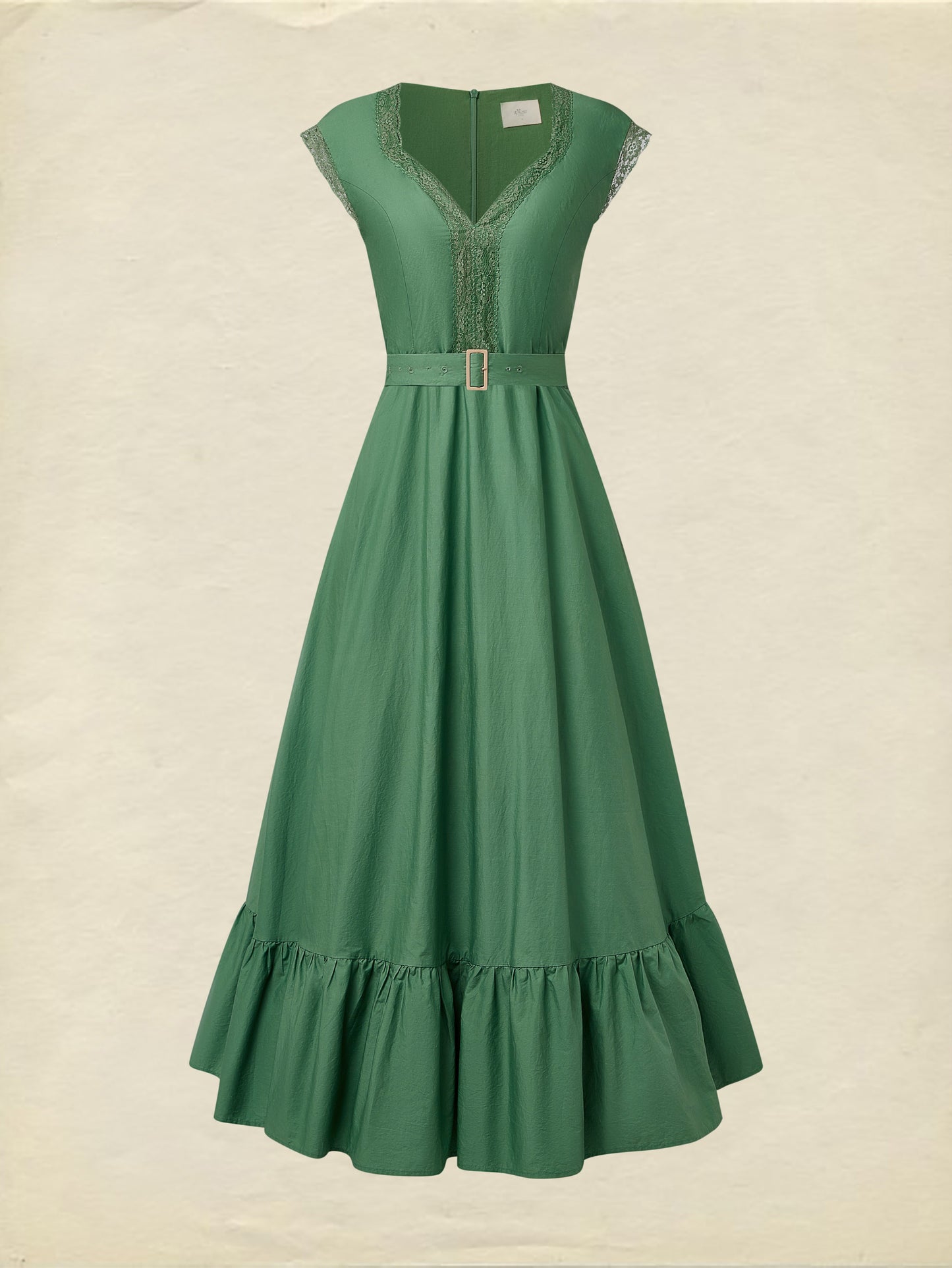 Robe longue pur coton, manches courtes, col en dentelle, unie, vintage, verte