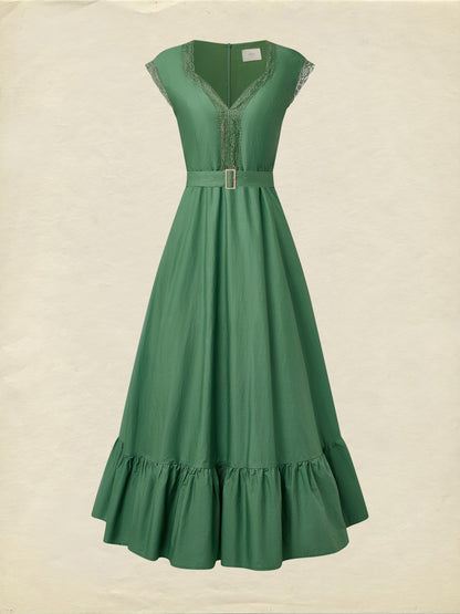 Robe longue pur coton, manches courtes, col en dentelle, unie, vintage, verte