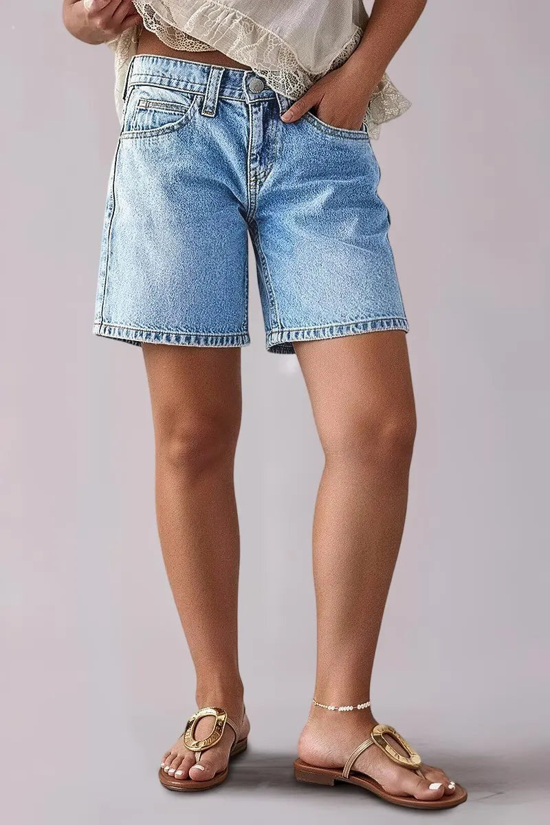 Wash Mid Waist Denim Mid Thigh Shorts