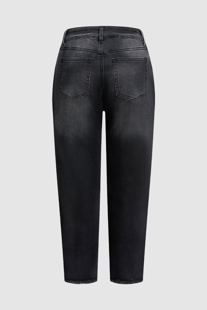 Wash Ripped Raw Hem Mid Rise Straight Leg Crop Jeans
