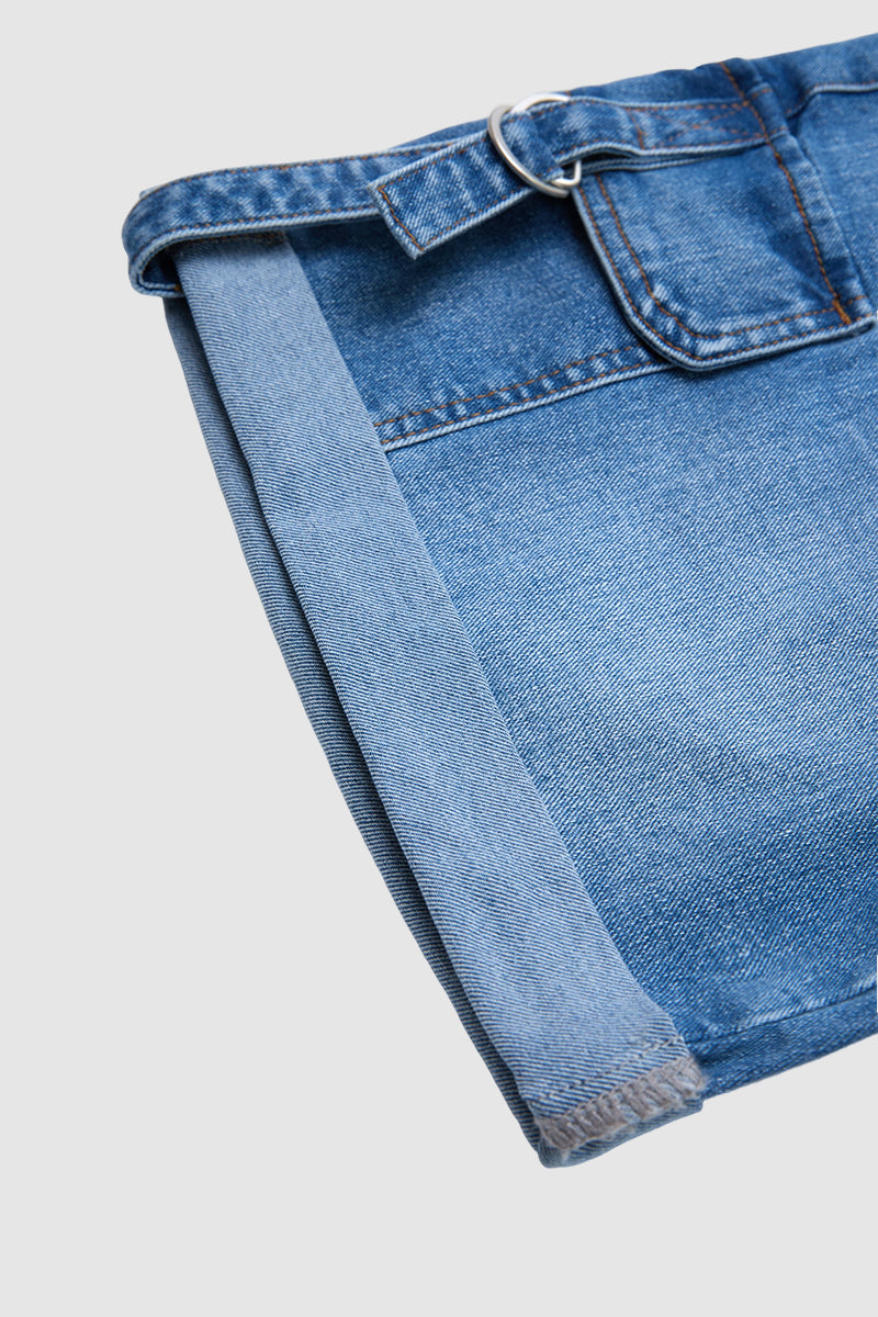 Roll Hem Drawstring Mid Waist Denim Mid Thigh Shorts
