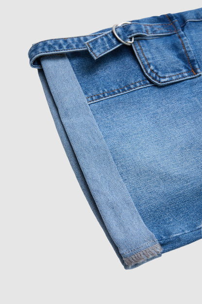 Roll Hem Drawstring Mid Waist Denim Mid Thigh Shorts