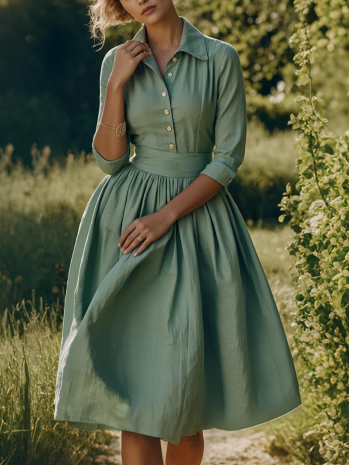 Robe mi-longue en lin, manches courtes, mélange de lin, unie, Renaissance, vert