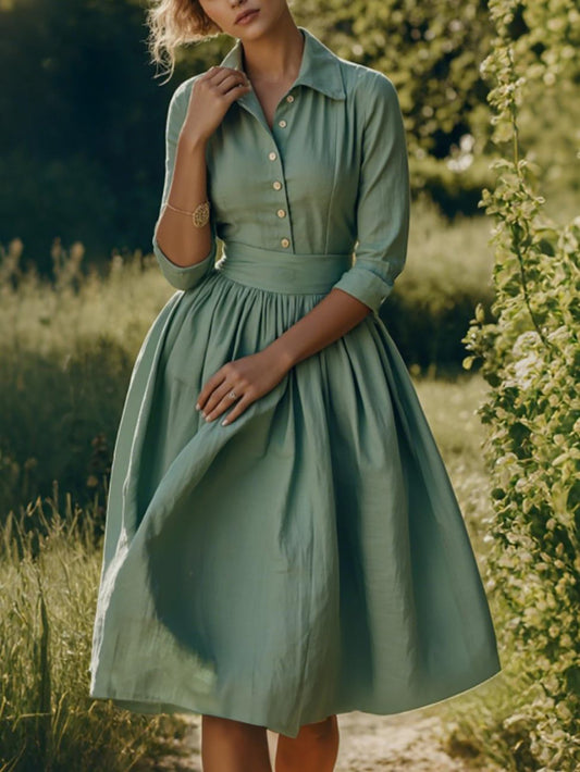 Robe mi-longue en lin, manches courtes, mélange de lin, unie, Renaissance, vert