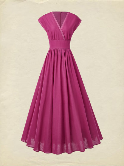Robe longue en lin, manches courtes, col en V, unie, dentelle, vintage, rouge rosé