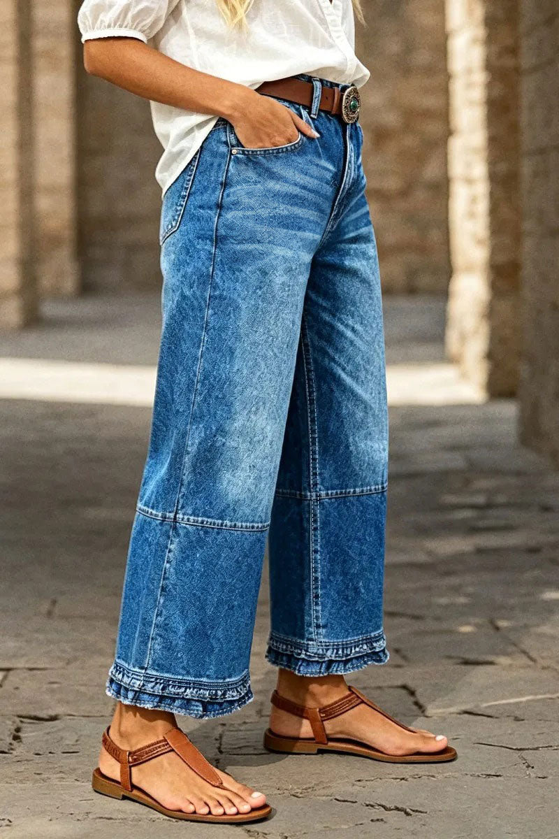 Wash Stitch Detail Ruffle Hem High Rise Wide Leg Crop Jeans Without Belt