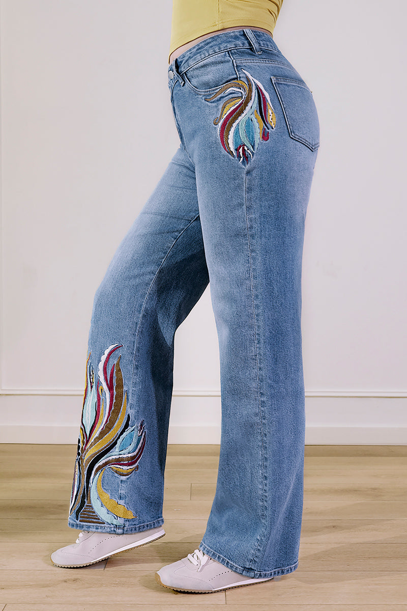 Wash Artistic Embroidery Dual Button Wrap Mid Waist Straight Leg Jeans