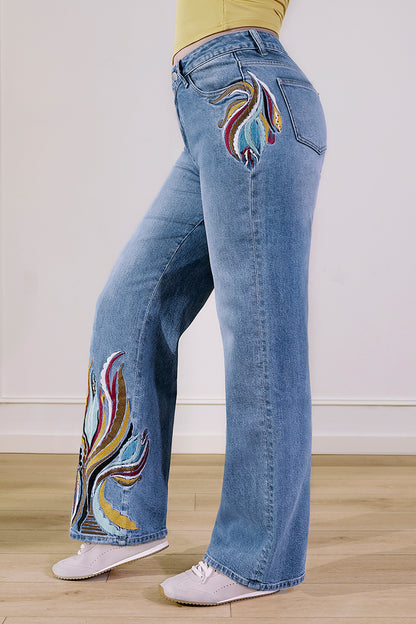 Wash Artistic Embroidery Dual Button Wrap Mid Waist Straight Leg Jeans