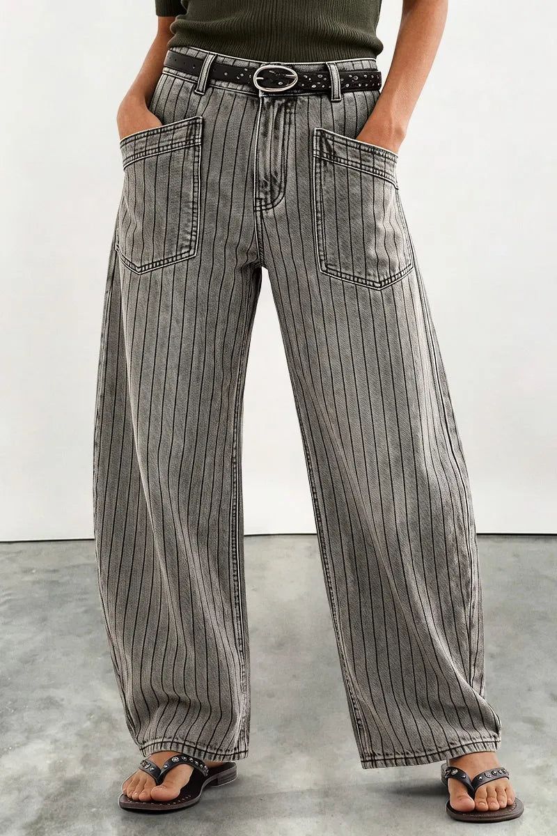 Striped Patch Pocket Mid Waist Wide Leg Pants Without Belt