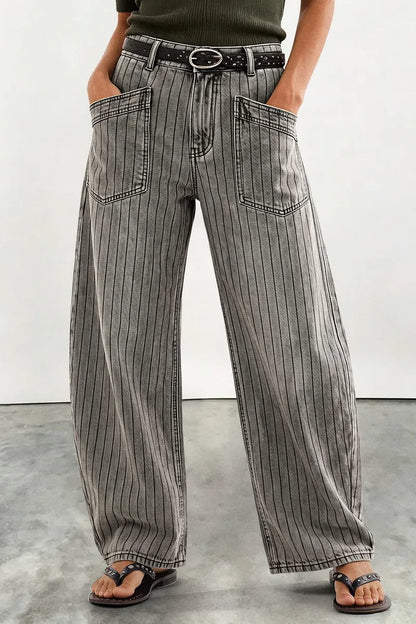 Striped Patch Pocket Mid Waist Wide Leg Pants Without Belt