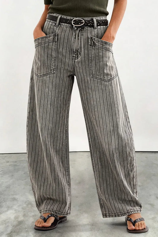 Striped Patch Pocket Mid Waist Wide Leg Pants Without Belt