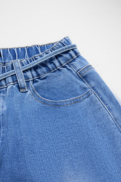 Patch Pocket Button Hem Belted Elastic Waistband Mid Rise Straight Leg Crop Jeans