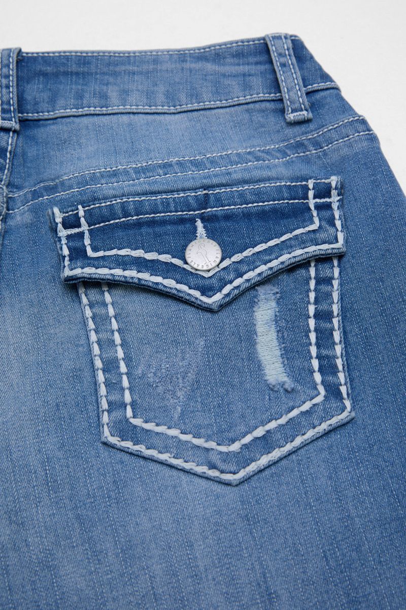 Star Embroidery Ripped Flap Pocket Raw Hem Mid Rise Capri Skinny Jeans