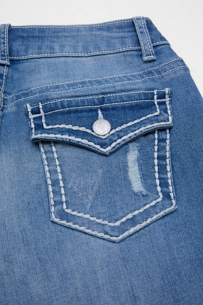 Star Embroidery Ripped Flap Pocket Raw Hem Mid Rise Capri Skinny Jeans