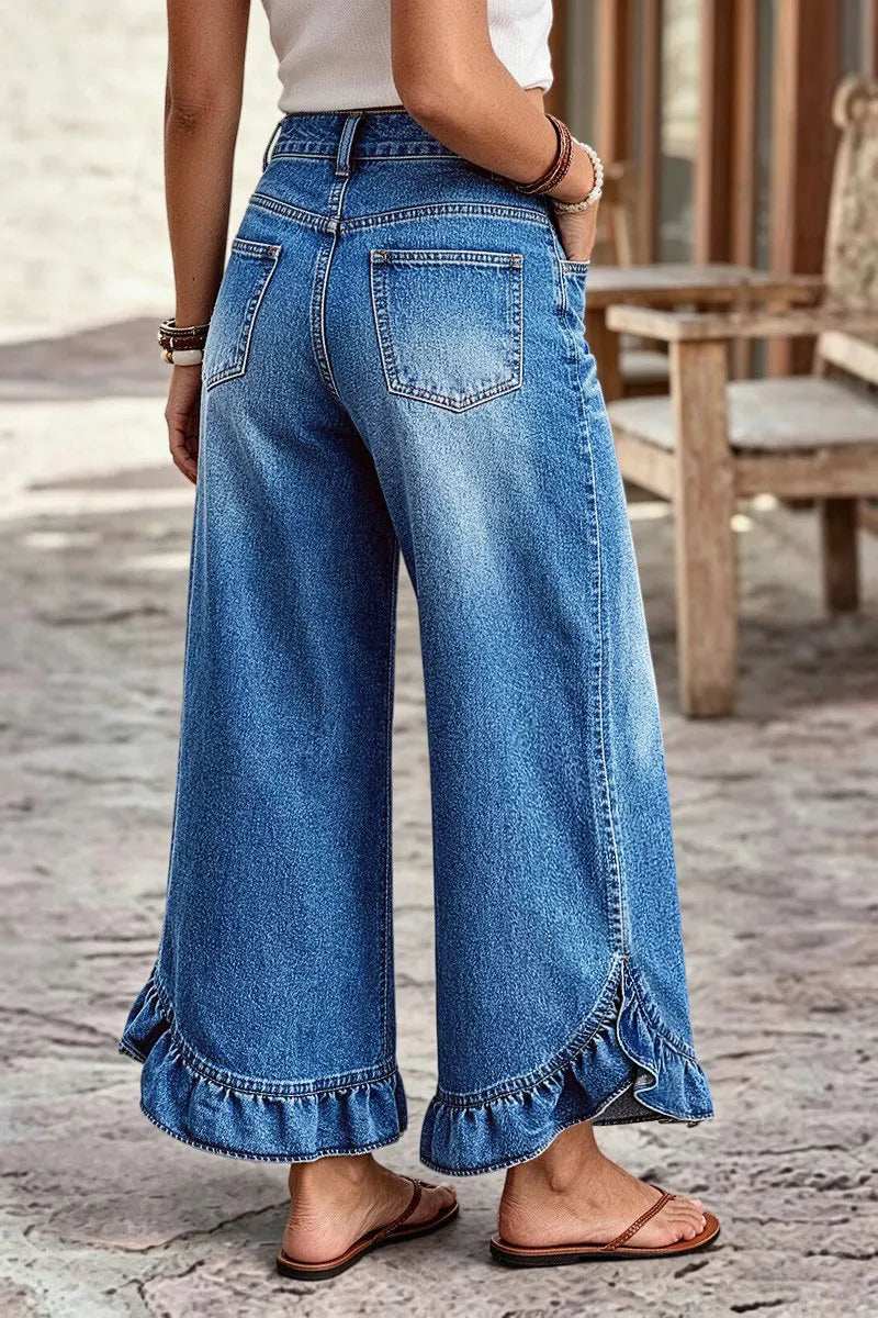 Wash Ruffle Hem Split Mid Waist Wide Leg Jeans