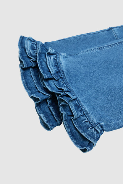 Wash Stitch Detail Ruffle Hem High Rise Wide Leg Crop Jeans Without Belt