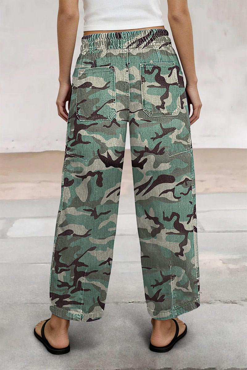 Camo Drawstring Mid Waist Barrel Leg Crop Pants