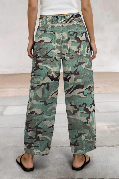 Camo Drawstring Mid Waist Barrel Leg Crop Pants
