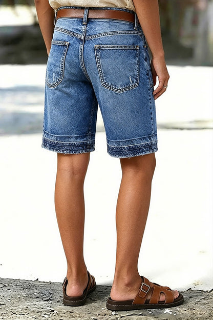 Wash Ripped Mid Waist Denim Bermuda Shorts Without Belt