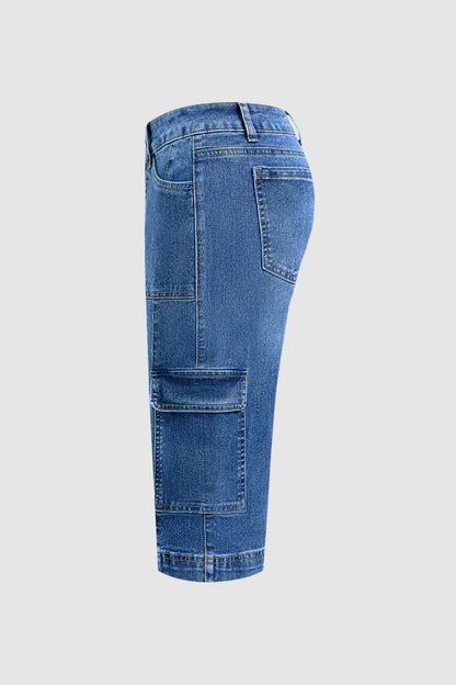 Wash Flap Pocket High Waist Straight Leg Capri Jeans Without Belt