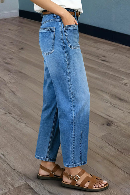 Wash Contrast Stitch Patch Pocket Mid Rise Barrel Leg Crop Jeans Without Belt