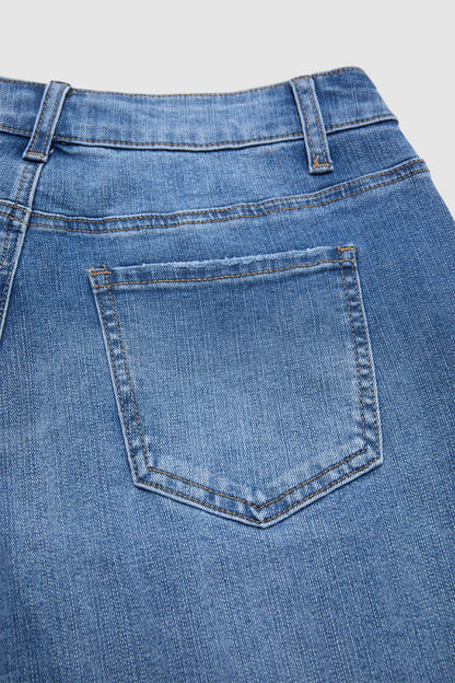 Wash Button Tab Roll Hem Mid Waist Straight Leg Crop Jeans